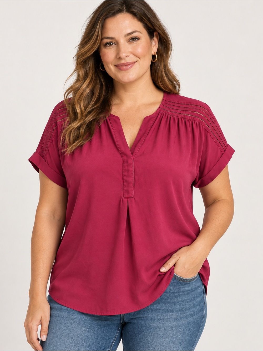 Charter Club Raspberry Split-Neck Pintuck Short Sleeve Blouse